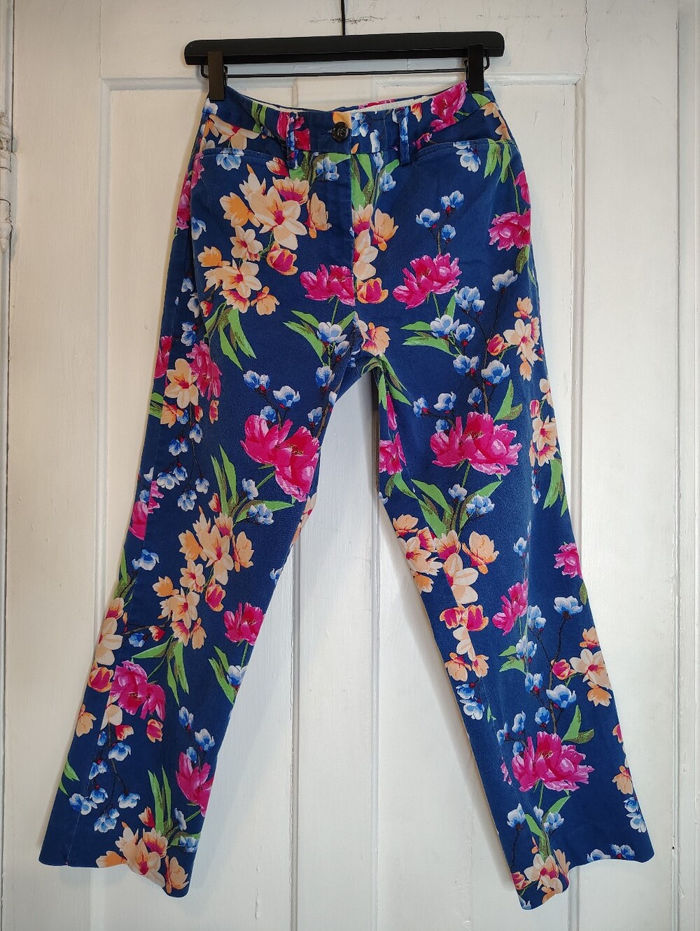 Lands' End Mid-Rise Straight Leg Chino Crops Cobalt Blue Floral Womens Size 8